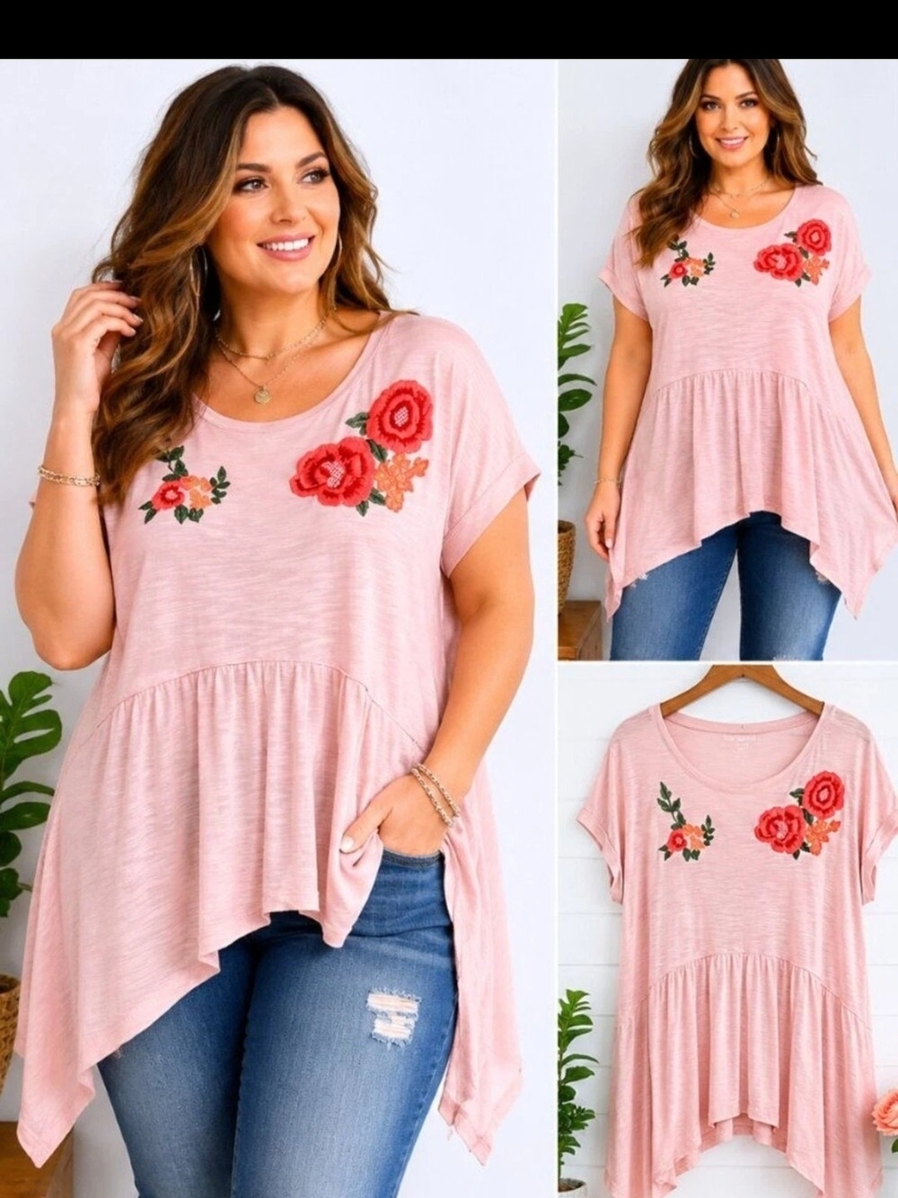 Lane Bryant Womens 18/20 Pink Floral Embroidered Sharkbite Hem Tunic Top Plus